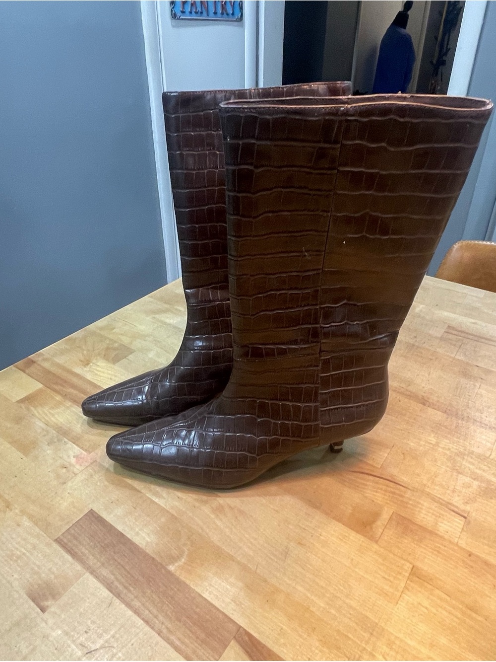 Croc-Embossed Pointed-Toe Mid-Calf Boots in Dark Brown